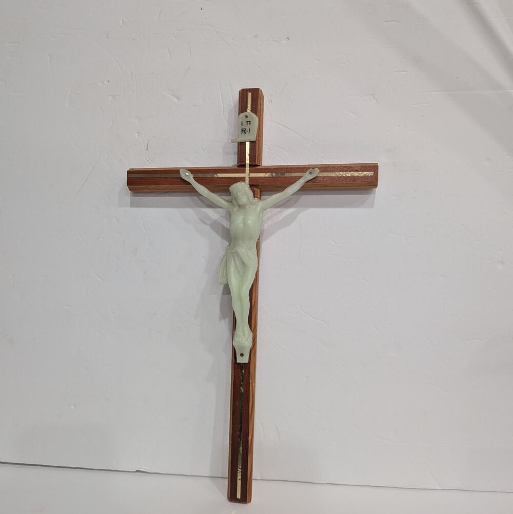 Glow In The Dark Wood and Plastic Crucifix Cross with INRI Plaque, Christian